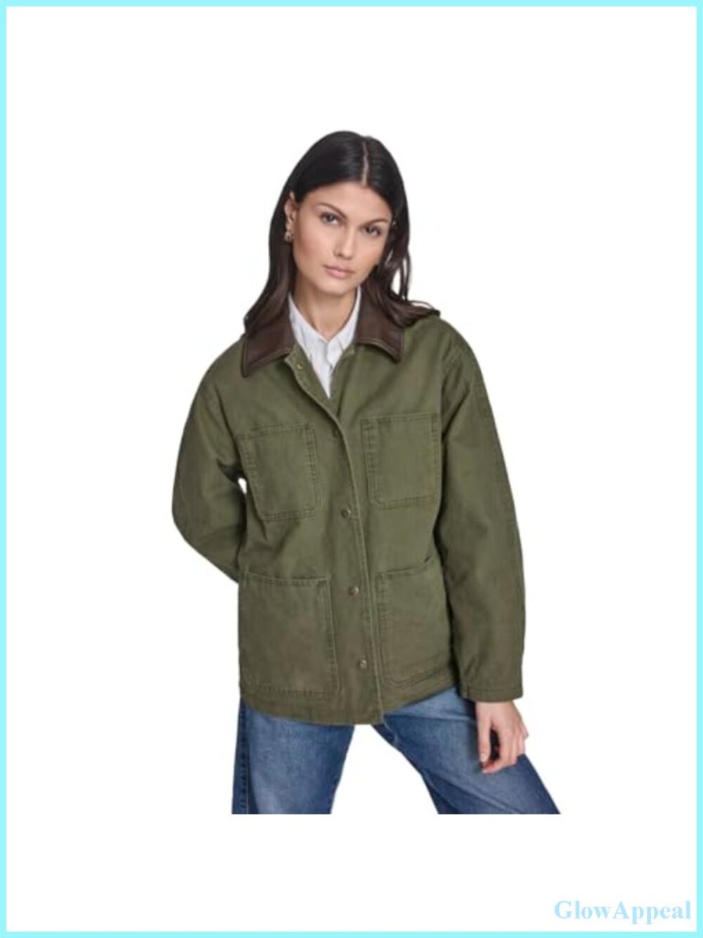Cotton Jacket with Laydown Collar Snap Front Four Pocket Utility